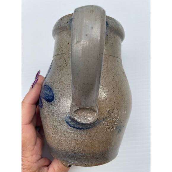 Salt Glazed Stoneware Small Pitcher Creamer Blue Cobalt Heart Country Farmhouse - Picture 4 of 11